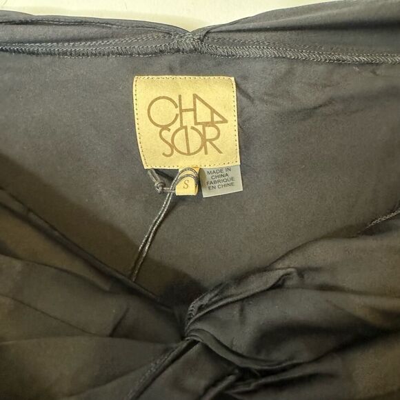 Chaser Women's Small Fit Flare Mini Dress Black Satin Twist Front Detail V Back - Picture 6 of 7